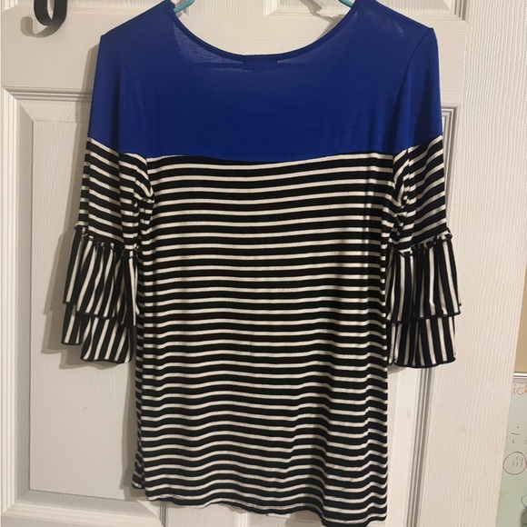 Emi & Ice size small comfy shirt . Blk/white strips , royal blue , ruffles - Picture 1 of 6